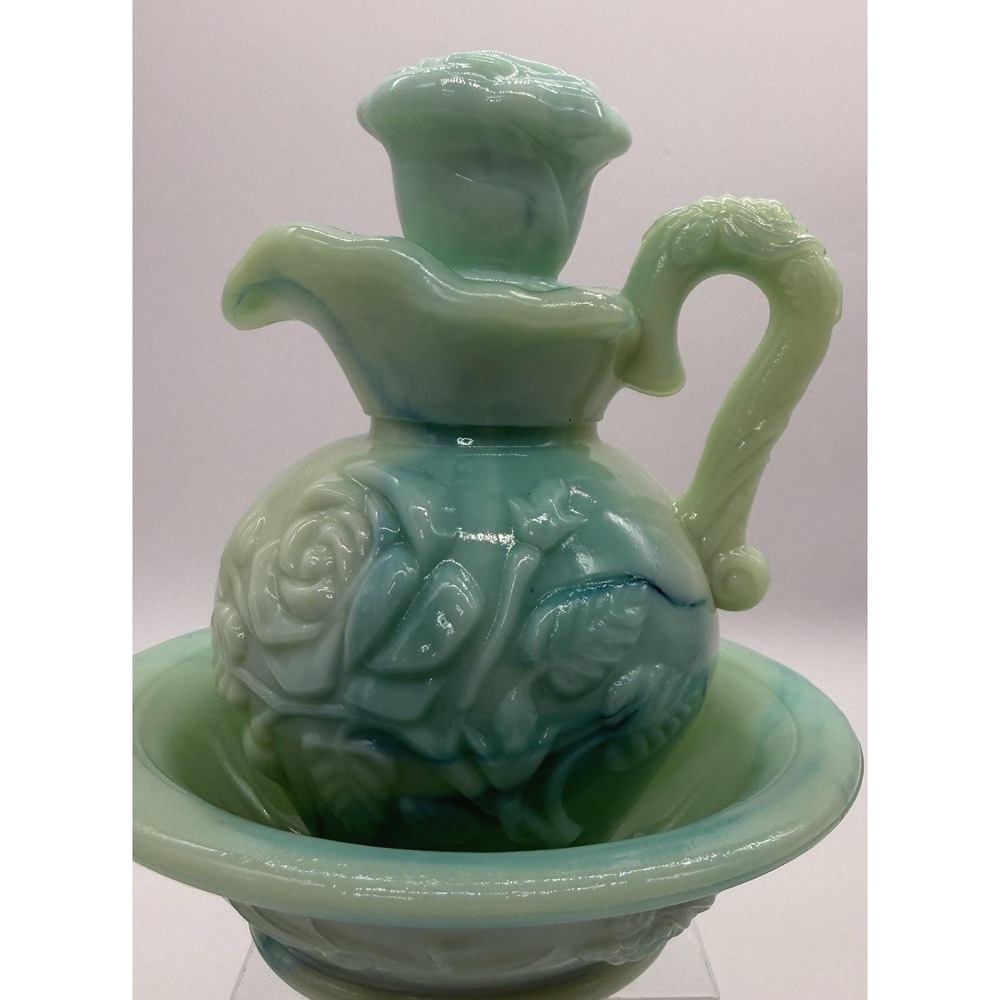 Vintage Avon Bath Oil Decanter Jadeite Blue Green Slag Milk Glass Embossed Rose